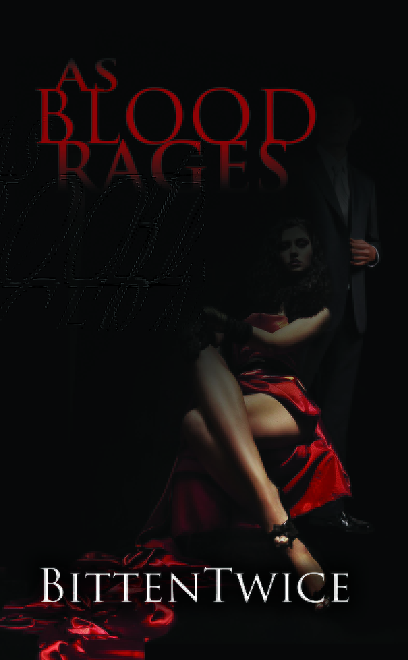 bookcover image for the book As Blood Rages shows a seated woman with a sexy red dress that bares her crossed legs, the train of the dress is draped in a river of silk flowing in front of her, while a man stands behind her in the shadows
